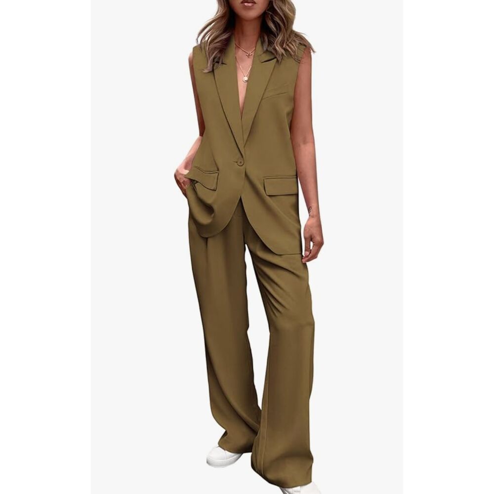 Pretty Garden Tan 2 Piece Suit Set Sleeveless Blazer Vest Wide Leg Pants - M